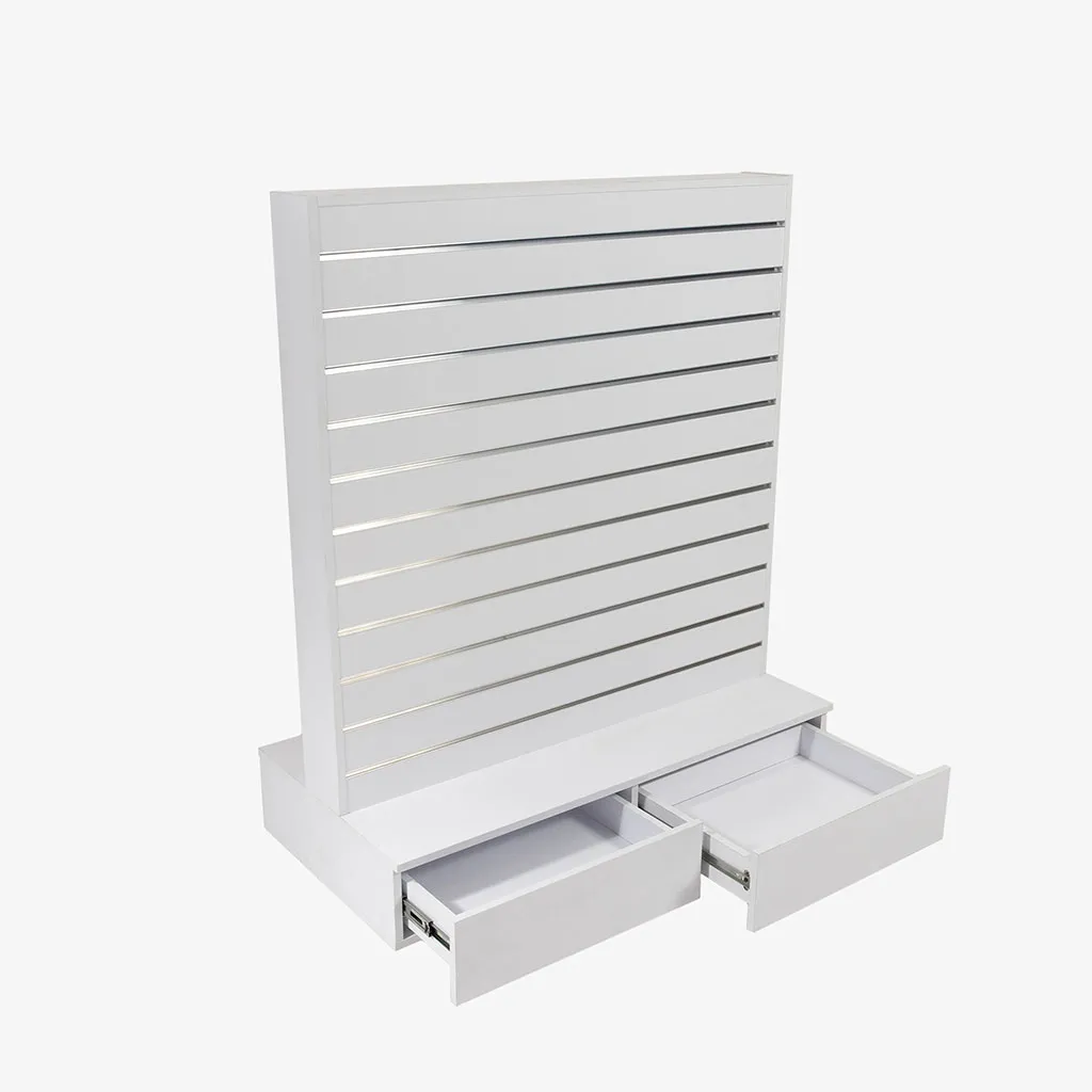 White Double Sided Center Bay Slatwall Gondola with Silver Inserts and Drawers