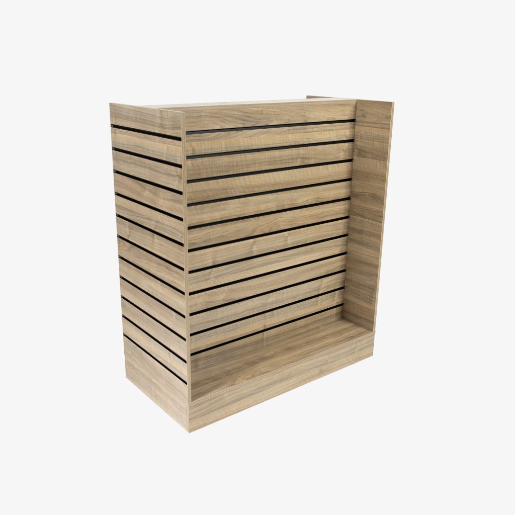 Walnut Double Sided H Frame Slatwall Gondola With Black Inserts.