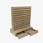 Walnut Double Sided Center Bay Slatwall Gondola with black Inserts and Drawers