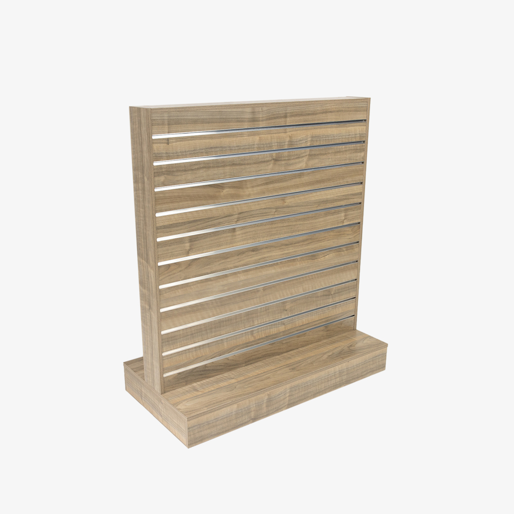 Walnut Double Sided Center Bay Slatwall Gondola with Silver Inserts.