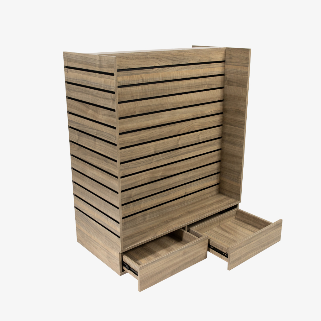 Walnut Double Sided H Frame Slatwall Gondola With Black Inserts and Drawers.