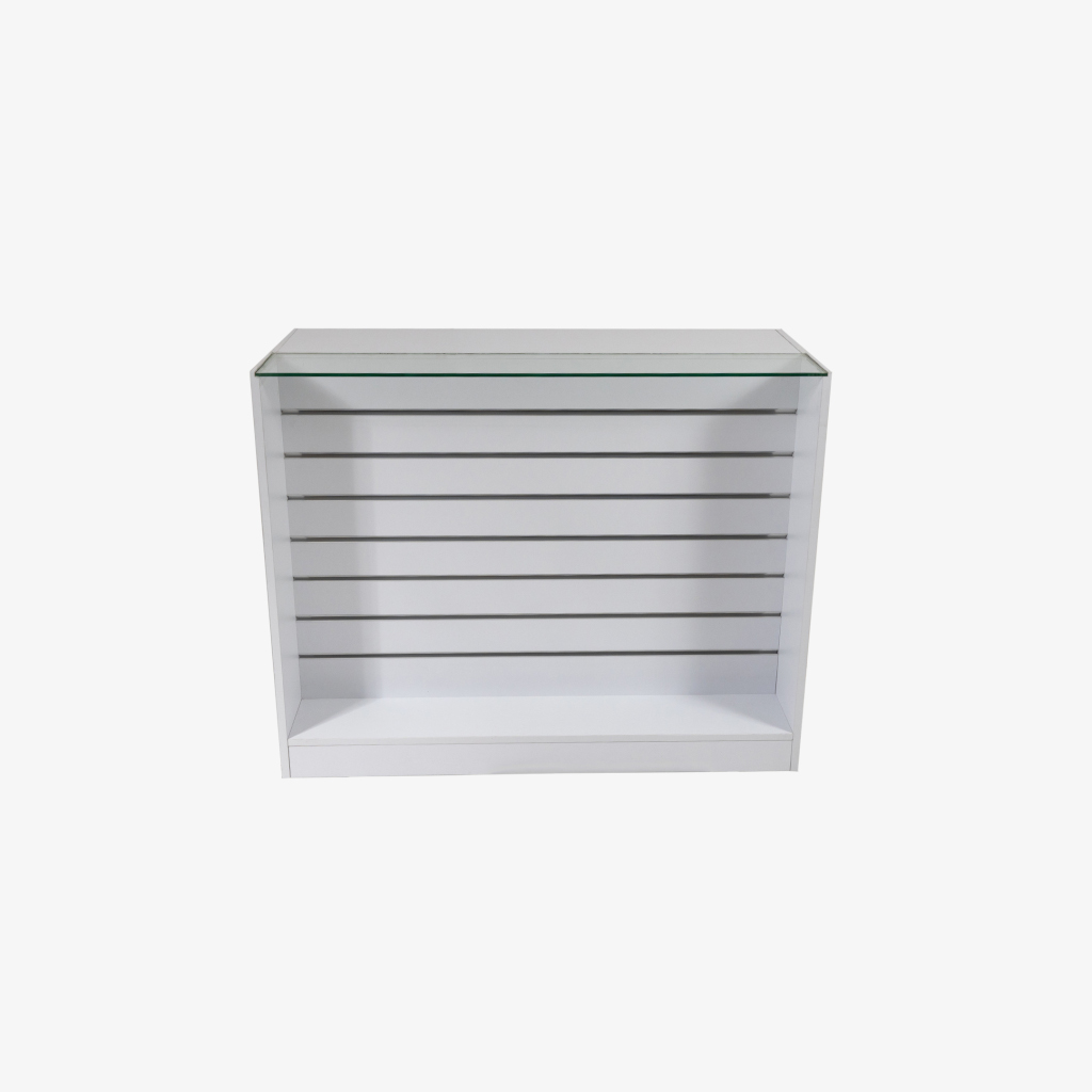 White Retail Counter with Slatwall Face and Glass Top, 1200mm
