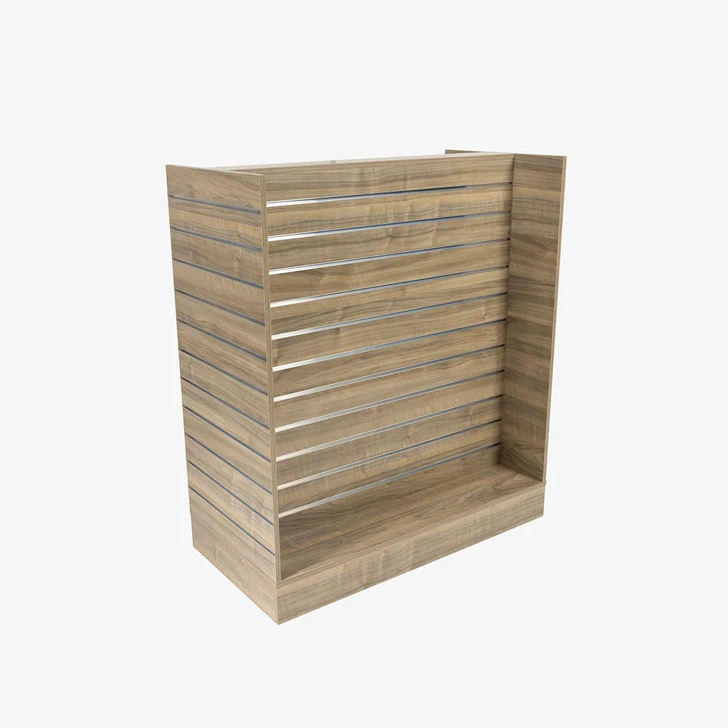 Walnut Double Sided H Frame Slatwall Gondola With Silver Inserts.