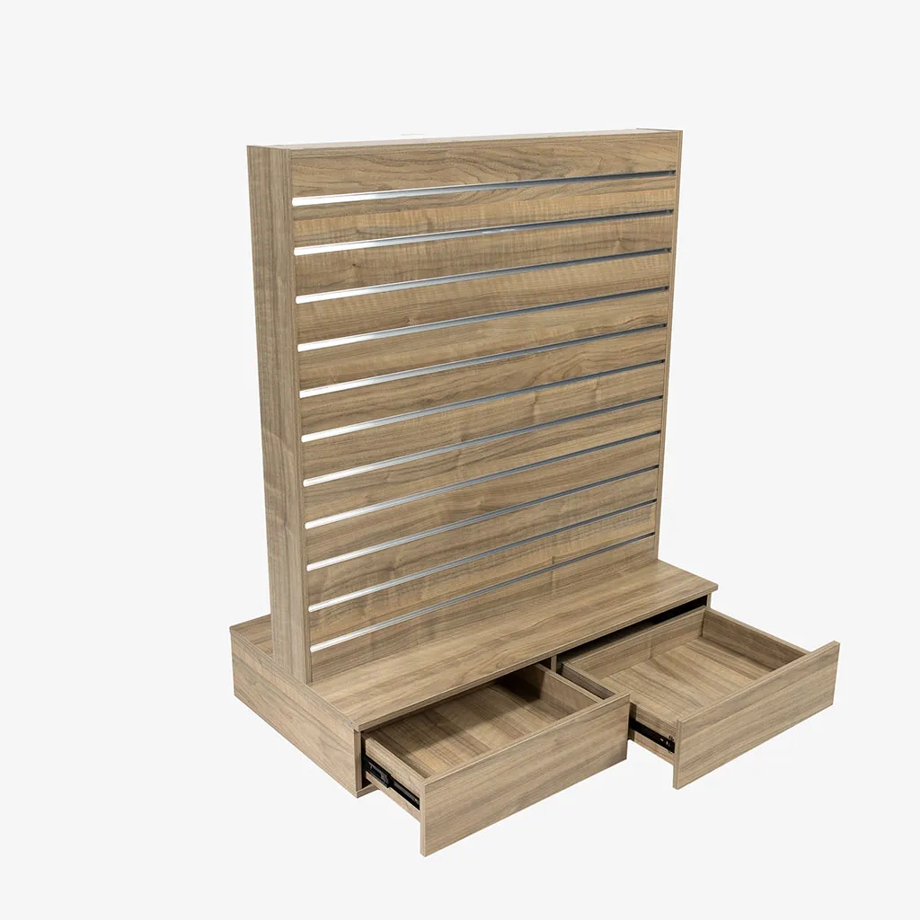 Walnut Double Sided Center Bay Slatwall Gondola with Silver Inserts and Drawers